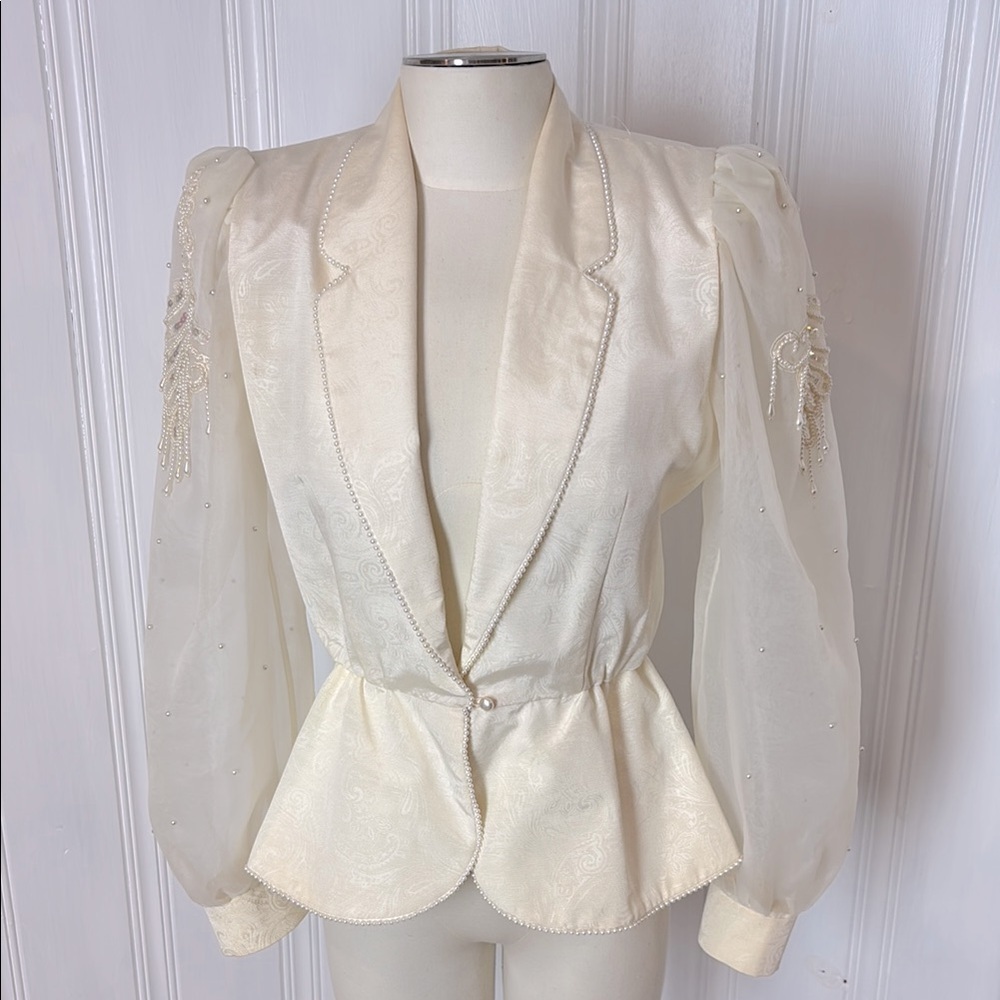 MARNI KNITS Vintage Off-White Hand-Loomed Beaded Jacket with Sheer Puffy Sleeves